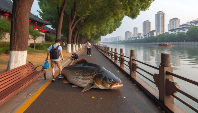 河道旁的人行步道，一条大鱼突然跳上岸，被男子抢救后带回家了。（示意图、与本案无关／AI生成）