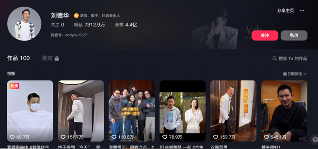 大陆抖音平台3年前邀请刘德华开设个人帐号。（图／翻摄自刘德华抖音）