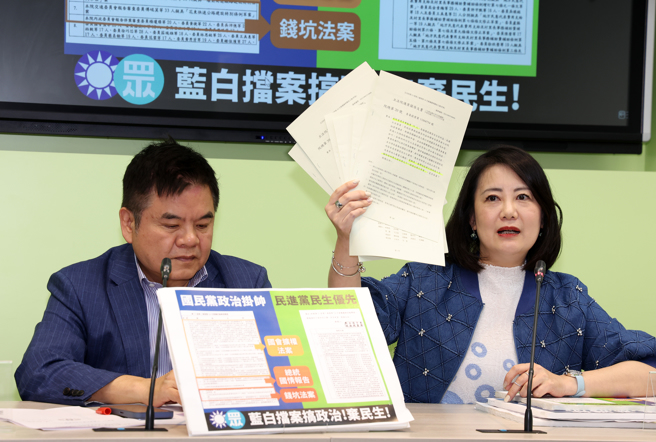 民進黨立院黨團幹事長吳思瑤（右）、書記長莊瑞雄（左）等15日召開「亂黨！亂擋！」記者會。（劉宗龍攝）