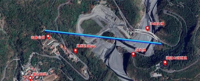 目前茂管处初步构想规划长度约为847公尺的高空滑索，于茂林岩雕公园周围高处作为起跳塔台，于多纳大桥东岸右侧作为降落塔台。（茂管处提供／林雅惠高雄传真）