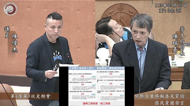 新北市议员陈伟杰今于议会针对工安事件频传质询劳工局长。（陈伟杰提供／吕健豪新北传真）