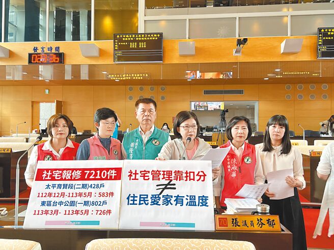 台中市議員陳雅惠（左一）、陳俞融（左二）、蕭隆澤（左三）、張芬郁（右三）及陳淑華（右二）、謝家宜（右一）14日在議會聯合質詢，關心台中市社宅管理與維修情況。（林欣儀攝）