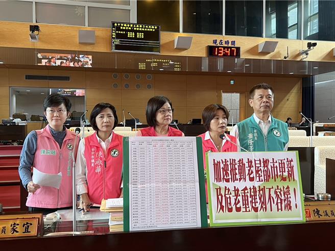 台中市议员陈雅惠、陈淑华、陈俞融、张芬郁、萧隆泽、谢家宜16日在都发建设水利业务质询关心老屋重建问题。（林欣仪摄）