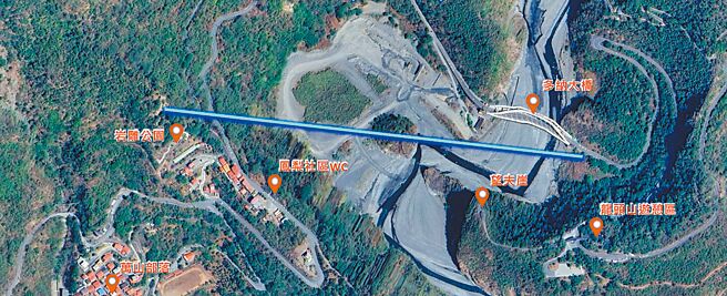 目前茂管處初步構想規畫長度約為847公尺的高空滑索，於茂林岩雕公園周圍高處作為起跳塔台，於多納大橋東岸右側作為降落塔台。（茂管處提供／林雅惠高雄傳真）