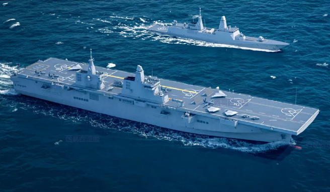 076兩棲攻擊艦採用綜合全電推進，與全球頂尖的兩棲攻擊艦相同，性能大幅躍升。（圖／新浪網）