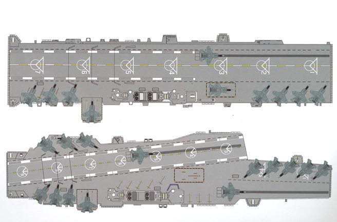 076兩棲攻擊艦一直有直行甲板（上）與斜行甲板（下）兩種不同的方案，從最近曝光的船體照片看來已確定是採用直行甲板。（圖／新浪網）