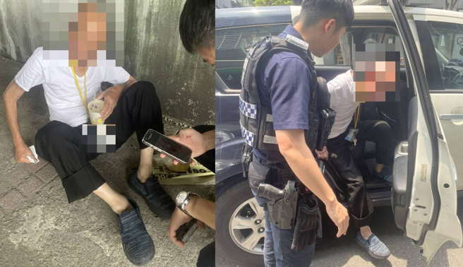 阿北脚麻跌坐路边，所幸胸前挂牌也联络资讯，大同暖警助平安返家。（翻摄画面）