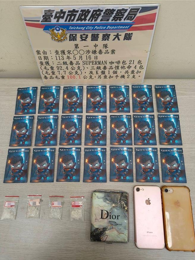 台中市保安大队16日拦查违停车辆，在19岁宋姓男驾驶身上及车内，搜出毒咖啡包及K他命，讯后将全案依毒品罪嫌移送法办。（警方提供／王煌忠台中传真）