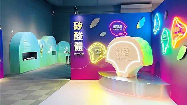 史前館「微觀．史觀」考古特展運用色彩繽紛迷幻風格。（蕭嘉蕙攝）