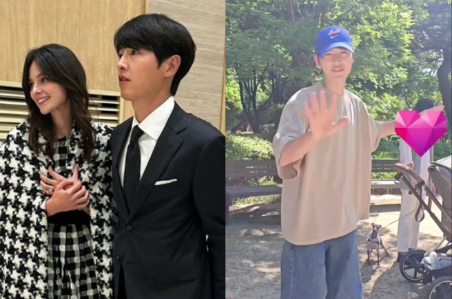 宋仲基公园遛娃被粉丝巧遇，妻小被拍立刻挺身阻挡，尷尬表情全被拍。（图／摘自韩网、摘自芒果捞小萌主微博）