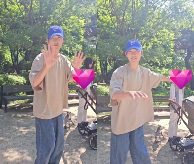 宋仲基很高兴被粉丝认出来，也礼貌打招呼，但不希望粉丝拍妻子和儿子。（图／摘自芒果捞小萌主微博）