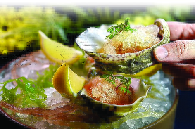 台北寒舍艾美酒店新餐厅〈TIPSY Sparrow〉的〈吉拉朵生蚝．鸡尾酒酱．塔巴斯克冰沙〉，是以Tabasco辣椒酱与糖水、柠檬汁做成Sobet，以及碗底鸡尾酒酱汁，为法国新鲜的吉拉朵生蚝提味。图／姚舜