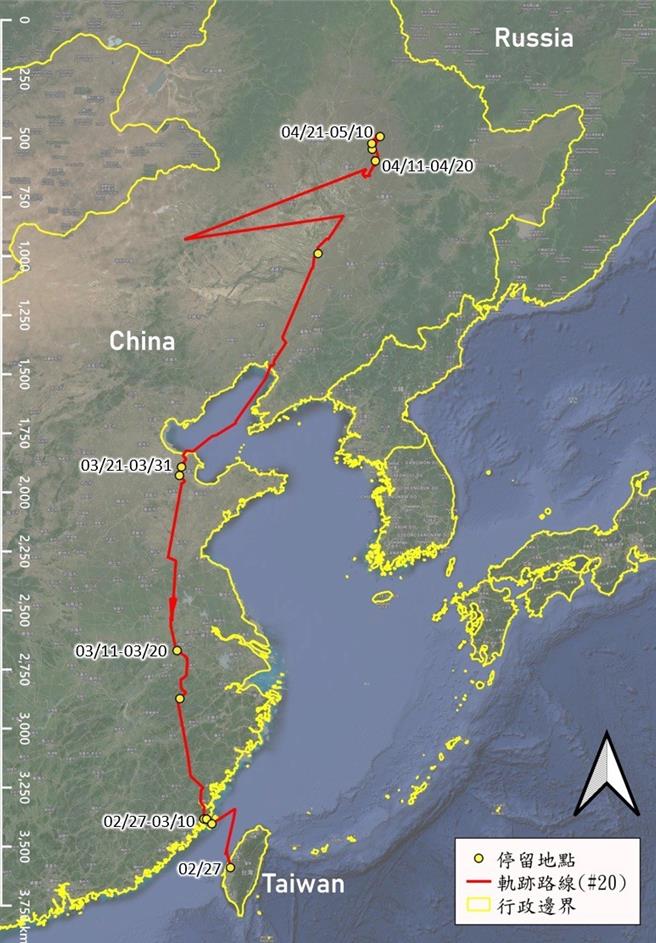 小辮鴴「小土豆」57天飛6840公里的GPS記錄，從台灣彰化芳苑鄉出海，最後停留於大陸黑龍江省齊齊哈爾市拜泉縣。（吳崇漢提供）