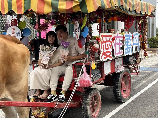 新人搭乘牛车登记结婚，感觉相当有趣。（万丹户政事务所提供／罗琦文屏东传真）