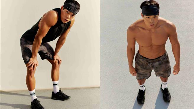 lululemon品牌大使Amotti 阿莫帝示範品牌今夏短褲系列新品，同時展示帥氣健美身材。（lululemon提供／朱世凱台北傳真）