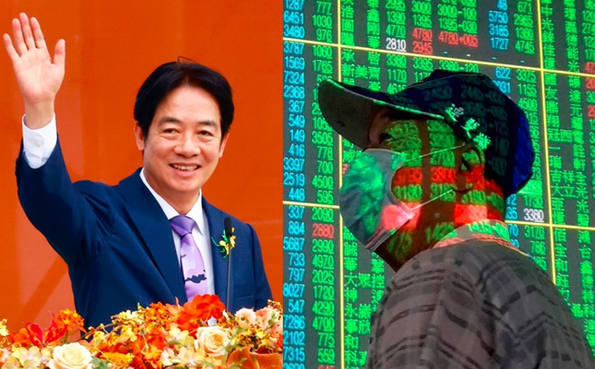 赖清德520就职总统，但台股盘中一度急跌走绿，而后疑似有资金进场拉抬，尾盘小涨13.16点。（合成图／陈信翰摄、资料照）