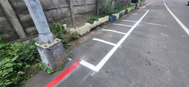埔里鎮路邊停車收費6月底試營運，包商趕著畫條車格，卻因道路遭民眾長期占用，機車停車格長度不足，遭諷要停放兒童三輪車。（民眾提供／楊靜茹南投傳真）