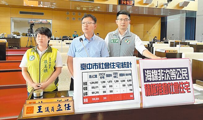 市議員王立任（中）指出，台中市社宅分布嚴重不均，海線地區人口數達50萬，目前完工的社宅數量僅300戶，且興建中戶數為0，要求市府盡速規畫興建。（林欣儀攝）