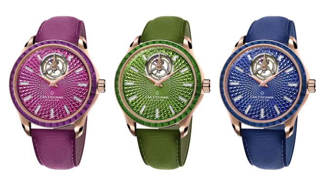 寶齊萊馬利龍雙外緣陀飛輪腕表，有藍寶石、沙弗萊石和紫水晶三色彩寶款，各限量18只，468萬元。（Carl F. Bucherer提供)