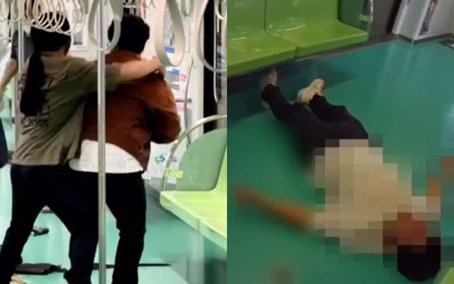 台中捷运长髮哥(左)制伏在车厢内疑随机伤人的「3刀男」(右)，让凶嫌右手也挂彩送医。（图／民眾提供、翻摄画面）