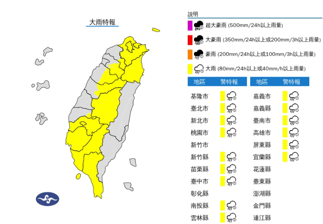 今天受鋒面影響，易有短延時強降雨，氣象署針對15縣市發布大雨特報。（中央氣象署提供）