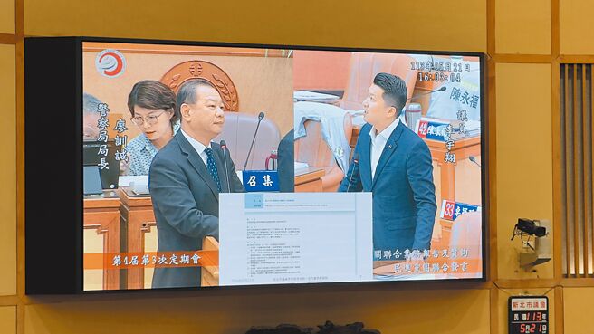 台中捷運21日發生隨機砍人案，民進黨新北市議員李宇翔（右）昨質詢警察局長廖訓誠（左）關於捷運警察隊成立進度。（呂健豪攝）