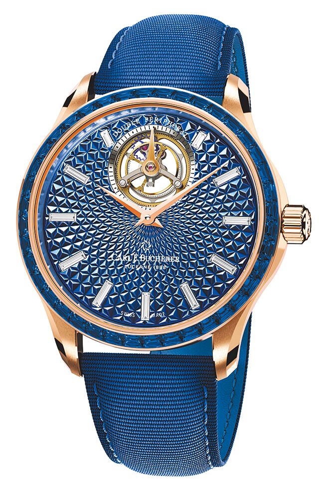 寶齊萊馬利龍雙外緣陀飛輪腕表，有藍寶石（見圖）、沙弗萊石和紫水晶三色彩寶款，各限量18只，每只468萬元。（Carl F. Bucherer提供）