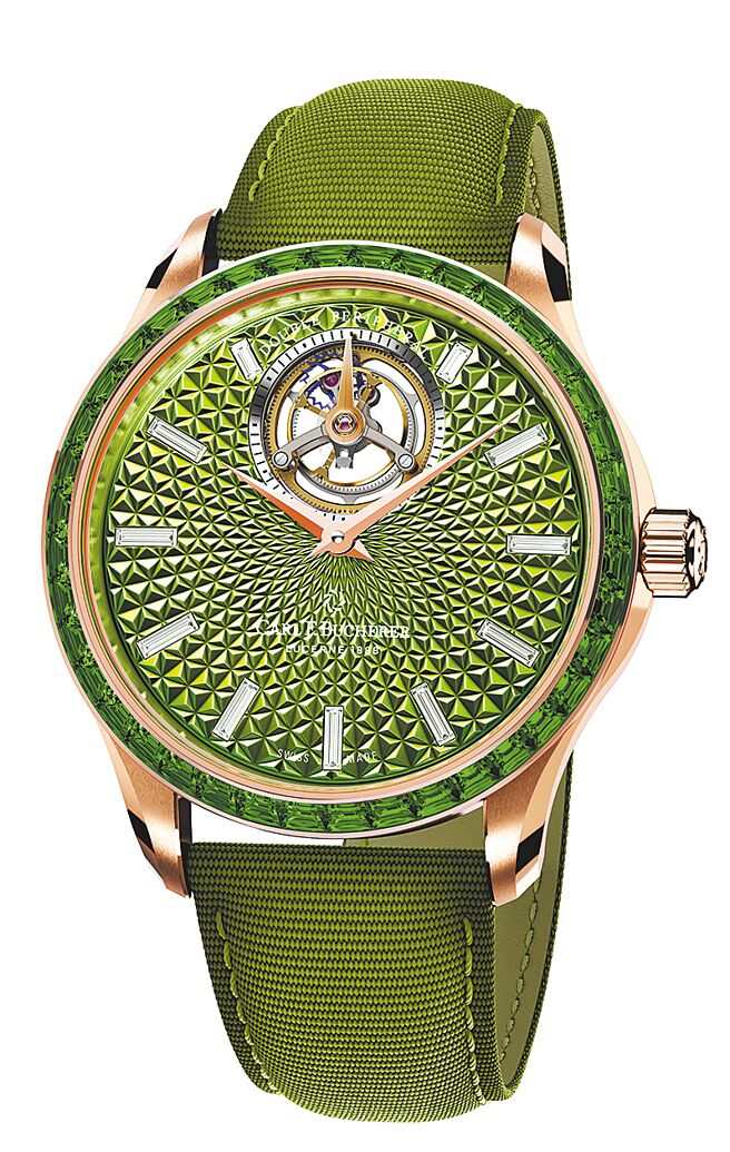 寶齊萊馬利龍雙外緣陀飛輪腕表，有藍寶石、沙弗萊石（見圖）和紫水晶三色彩寶款，各限量18只，每只468萬元。（Carl F. Bucherer提供）