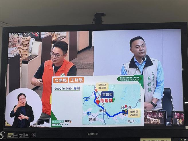 台南市議員陳皇宇質詢，直指龍崎182線山道猴子消失但轉往取道關廟龜洞、西龜橋通往田寮月世界，造成龜洞、西龜橋頻傳車禍。(摘自南市議會直播畫面／曹婷婷台南傳真)