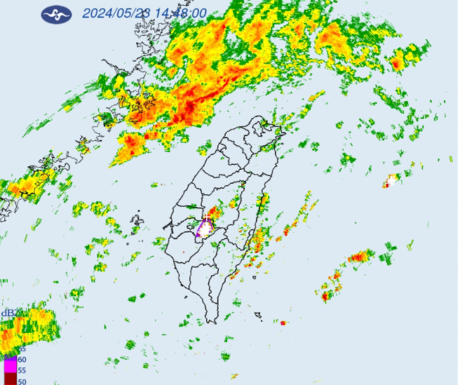 嘉義縣、雲林縣及南投縣大雷雨預計持續1個小時。（中央氣象署提供）