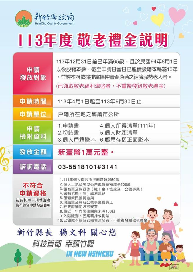 新竹县敬老礼金申请办法。（新竹县府提供／邱立雅竹县传真）