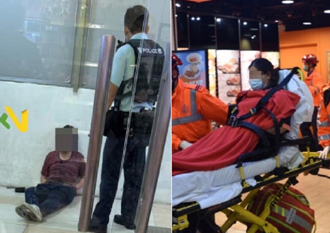 嫌犯被民眾合力制伏，女服務員被救護人員送醫。（圖／翻攝微博橙新聞）