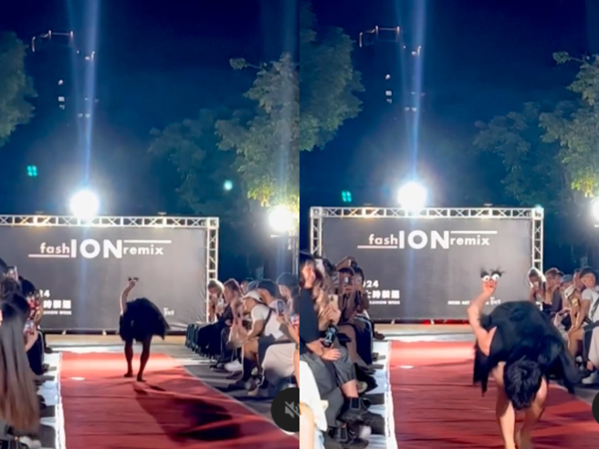 政大时装周有学生模仿鸵鸟进行走秀，影片曝光后引发热议。（魏子渊授权提供）