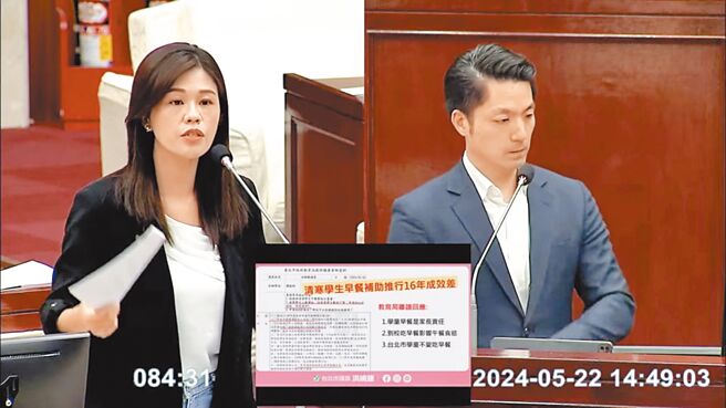 台北市长蒋万安（右）22日接受总质询，民进党议员洪婉臻（左）踢爆，2017年新光医院陈情变更都市计画，把工业区改为医疗专用区，前市长柯文哲同意后，最终容积从200％提高至365％，价差10亿8000万元。（摘自台北市议会网站／刘彦宜台北传真）