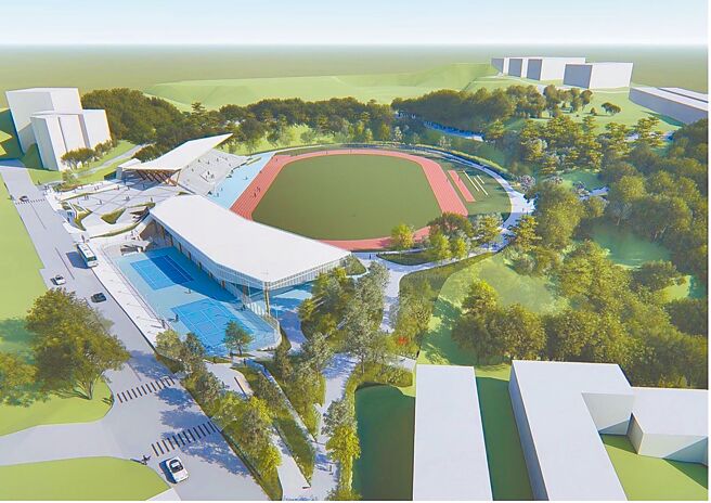 基隆市立田徑場因廠商及監造設計更換等因素，工期一再延宕，基隆市體育場長林柏樹22日表示，預計明年9月完工、年底啟用。圖為完工模擬圖。（基隆市政府提供／徐佑昇基隆傳真）