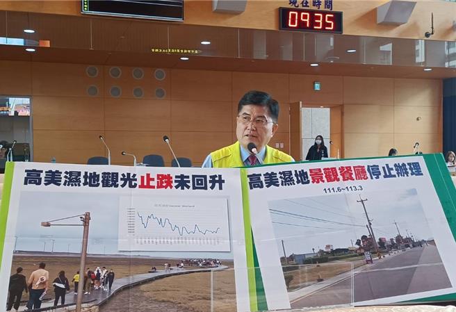 市议员杨典忠24日在市政总质询表示，高美溼地原先规画盖景观餐厅，不料却悄悄喊卡。（陈淑娥摄）