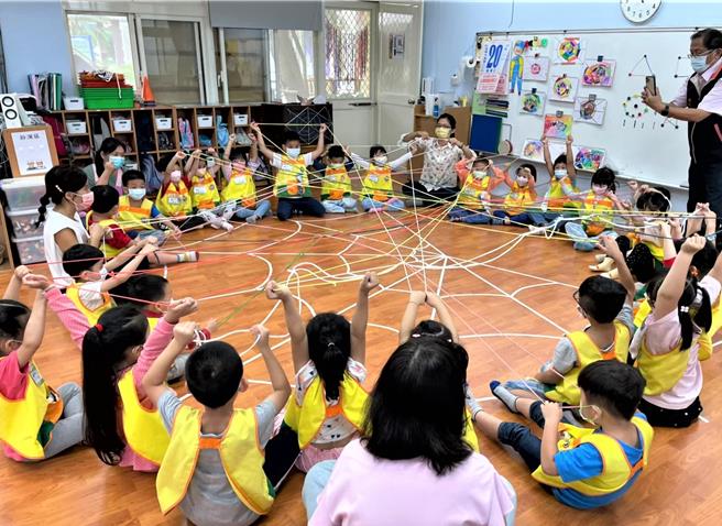 观察点线面的组合变化的蜘蛛网音乐律动游戏。（新北市教育局提供／张铠乙新北传真）