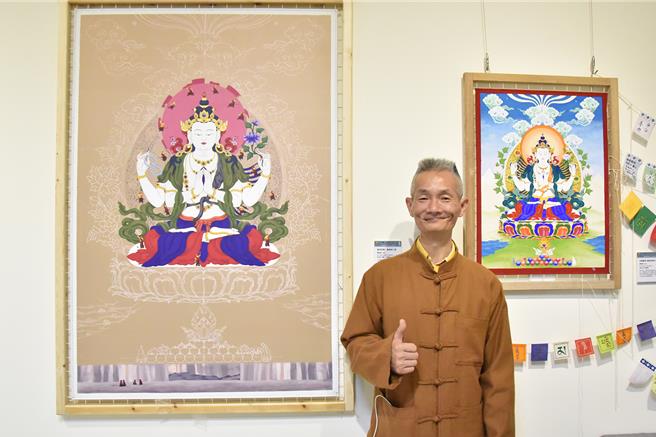 华梵大学佛教艺术学系四年级廖能彬现代唐卡作品〈凝视涅槃：童真与工程〉。（华梵大学提供）
