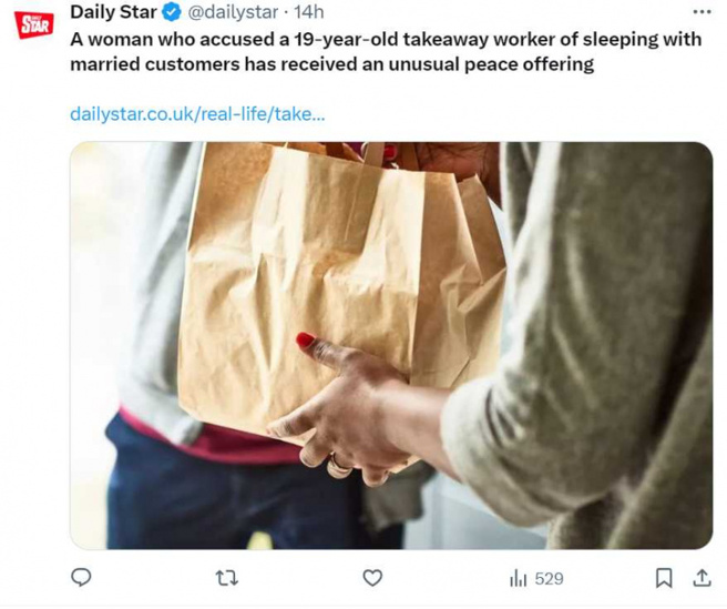 一名人妻抓包丈夫和餐厅女外送员上床后，餐厅居然送苹果酥当作赔礼。（图／翻摄自X）