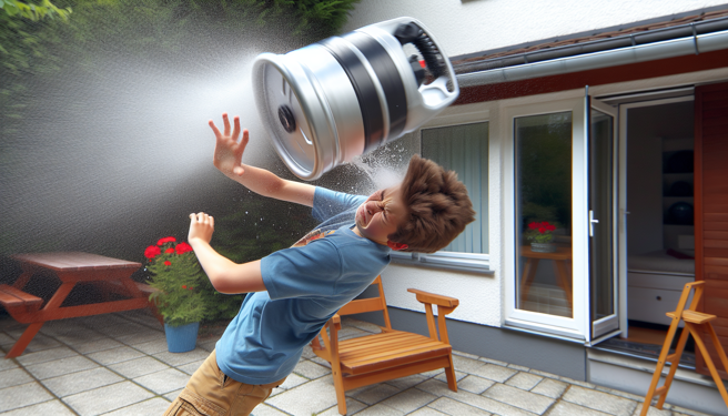 俄罗斯有小男孩在庭院拿啤酒桶往地面砸，不料，啤酒桶竟爆开，还瞬间将小男孩撞喷飞。（示意图、与本案无关／AI生成）