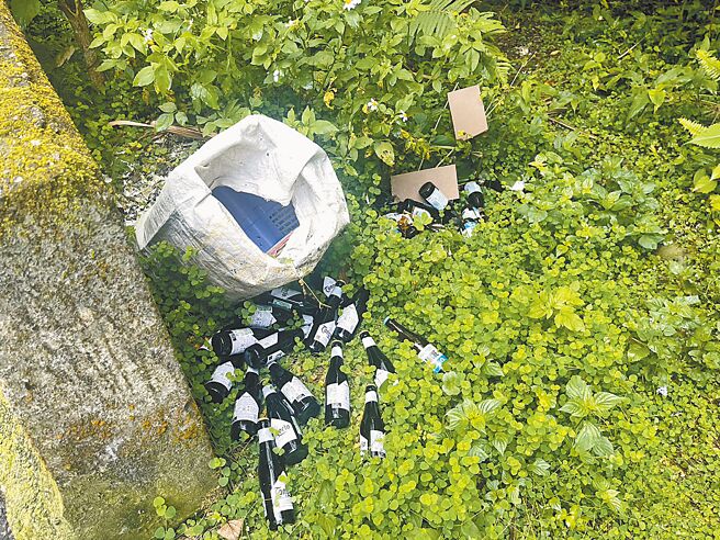新北市新店区安泰路草丛发现大量被人丢弃的营建废弃物、废弃娃娃机台及过期啤酒瓶。（新北市环保局提供／高钧麟新北传真）
