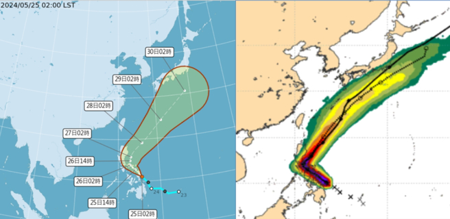 气象署路径潜势预测图显示（左图），艾维尼将于今下午2点形成，路径与欧洲系集模式模拟（右图）类似，先朝西北接近吕宋岛，再向东北大迴转。（翻摄《三立准气象－老大泄天机》）