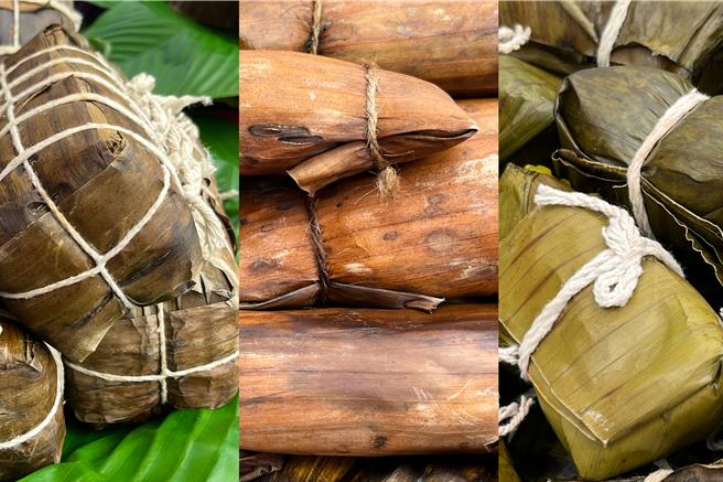 印尼「薑黃雞肉粽」（右）、菲律賓「椰子粽」（中）、越南「傳統圓粽」。（袁庭堯攝）