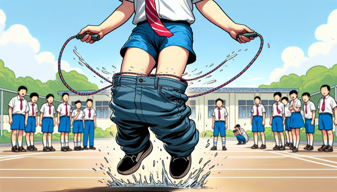 国小运动会跳绳比赛，男同学运动裤滑落，但没有放弃坚持比赛，最终得到冠军。（示意图、与本案无关／AI生成）