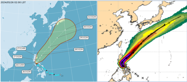 最新（26日2时）中央气象署「路径潜势预测图」（左图）显示，今年首颱「艾维尼」改为明（27）日2时才形成。其未来行径与最新（25日20时）欧洲（ECMWF）系集模式模拟（右图）类似，逐渐接近吕宋岛，再向东北大迴转远离。（图截自中央气象署、ECMWF／翻摄自三立准气象.老大泄天机）

