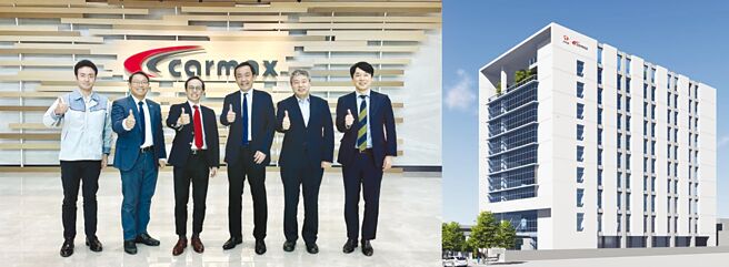 重要海外合作夥伴參訪車美仕業務，日本豐田副本部長竹村章敏（左圖右三）、車美仕總經理劉傳宏（左圖左三）；右圖為車美仕華亞新總部大樓。圖／和泰汽車提供