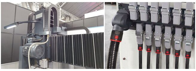 欣军所研产的封闭式拖链护管（左）与UL尼龙软管及快插接头（右）。图／欣军提供