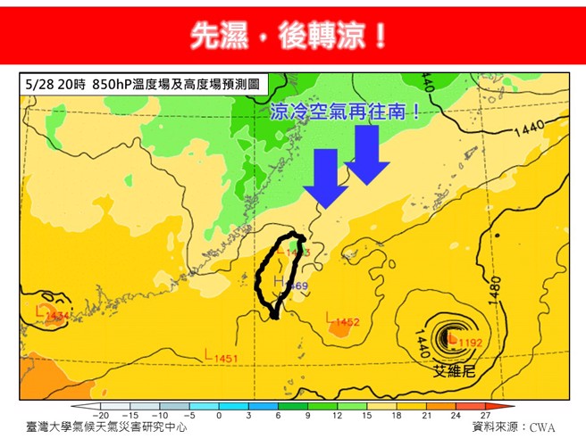 凉冷空气将在今天下半天南下，北台湾降温。（翻摄自林老师气象站FB）