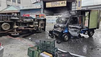 北市內湖2貨車對撞！ 1車翻覆1車「燒剩骨架」 駕駛驚慌逃生