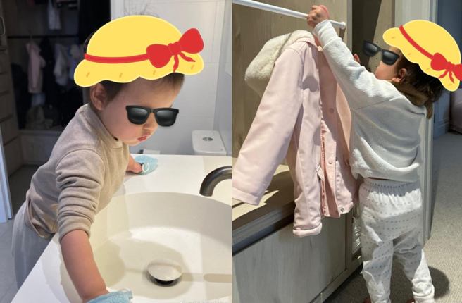 Jacinda还戴手套擦洗手台，甚至自己将外套挂回衣柜上。（图／翻摄自昆凌小红书）